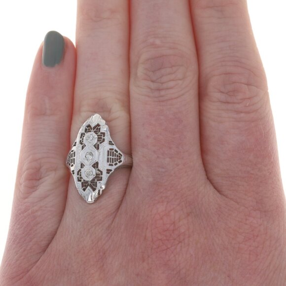White Gold Diamond Art Deco Three-Stone Ring 18k Single .15ctw Vintage Filigree - Picture 2 of 6
